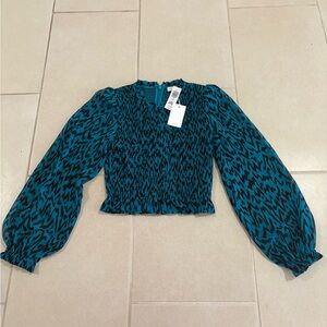 NWT Aritzia Wilfred Lilith Blouse – Meridian Teal/Black Animal Print – Size XXS
